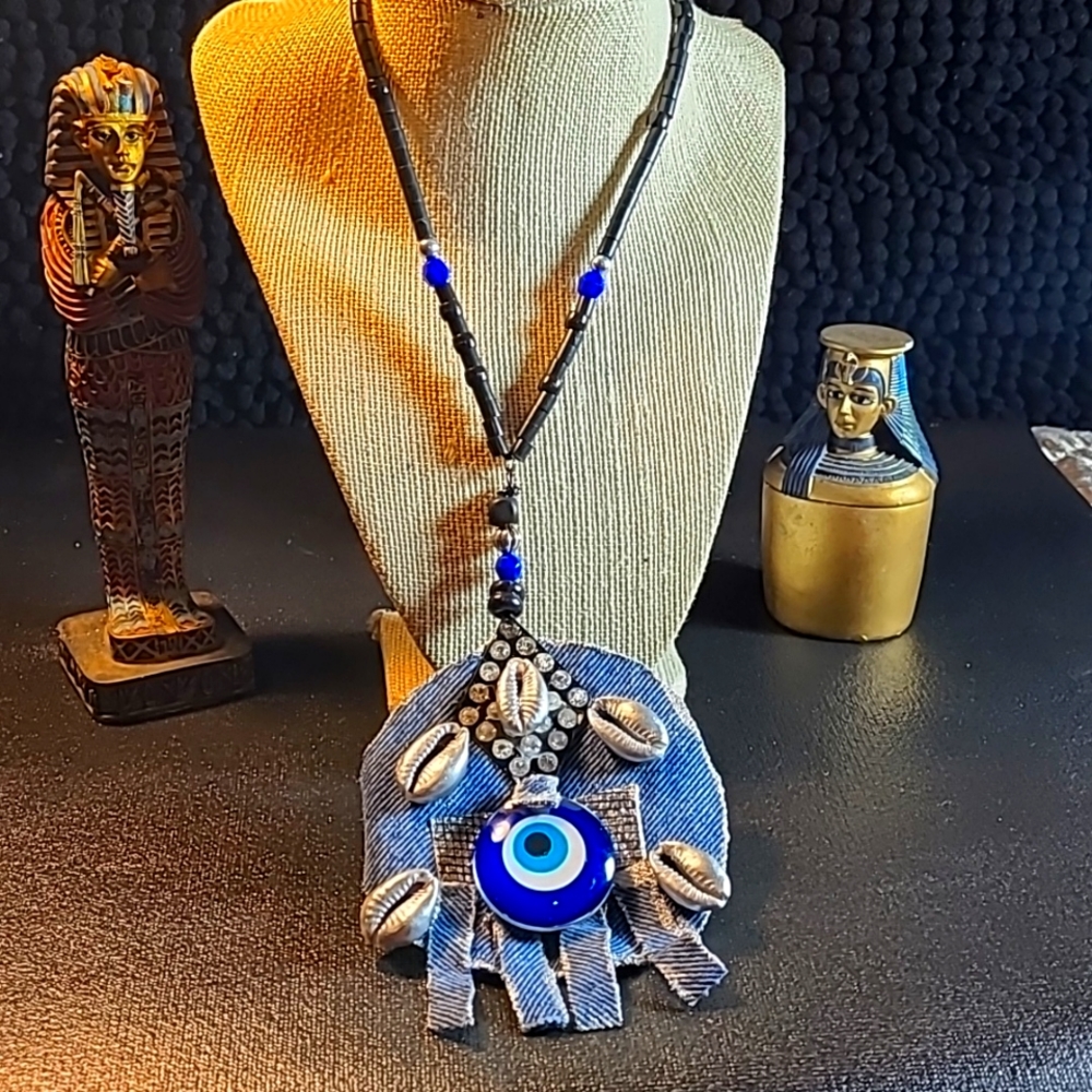 Evil Eye denim fabric Fringes  necklace